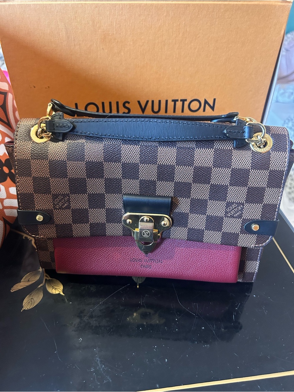Louis Vuitton vavin PM Damier Ebene and Bordeaux Leather Shoulder Bag